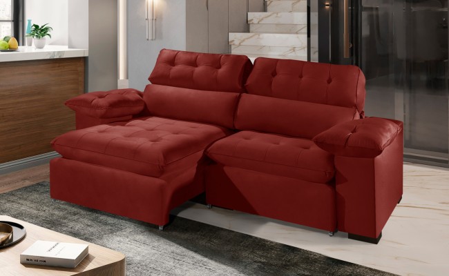 Sofá Retrátil Reclinável AMÃ 2.90m ESTILO ESTOFADOS - França Velusoft COR "VERMELHO"