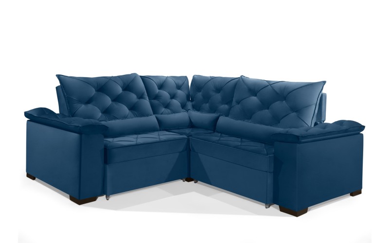 Sofá Retrátil Reclinável BERLIM DE CANTO 2.30 x 2.30 ESTILO ESTOFADOS - França Velusoft COR "AZUL"