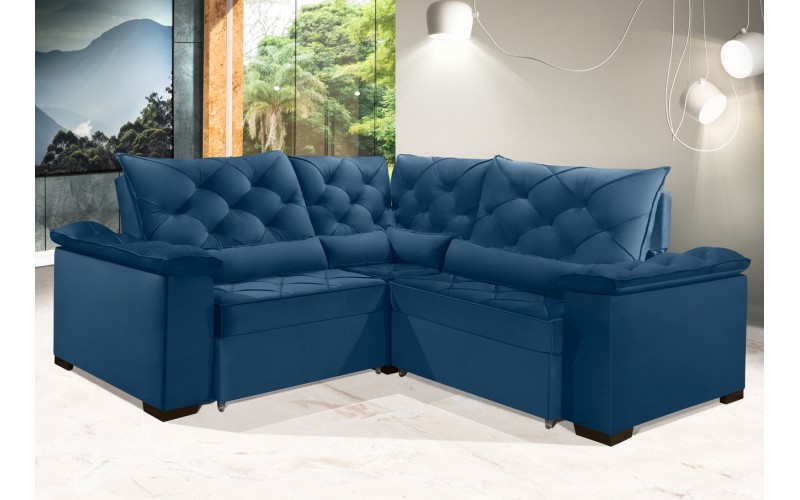 Sofá Retrátil Reclinável BERLIM DE CANTO 2.30 x 2.30 ESTILO ESTOFADOS - França Velusoft COR "AZUL"