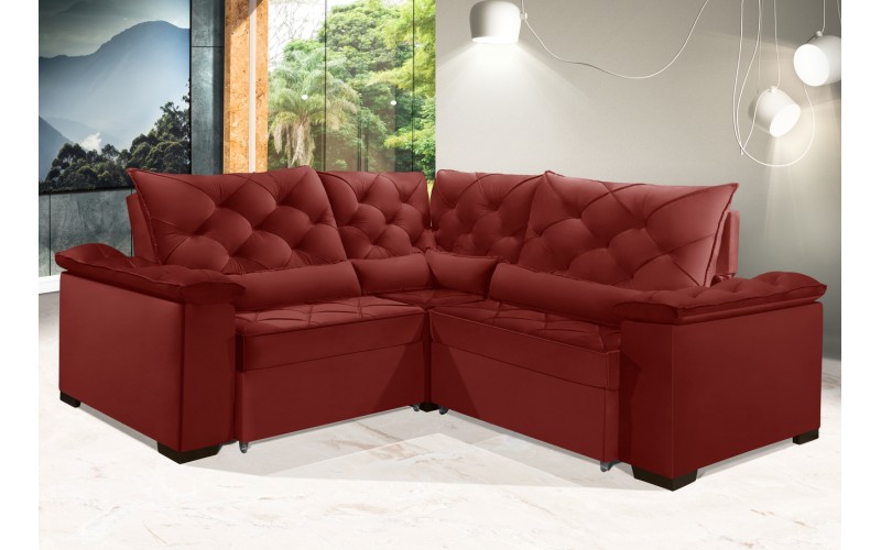 Sofá Retrátil Reclinável BERLIM DE CANTO 2.30 x 2.30 ESTILO ESTOFADOS - França Velusoft COR "VERMELHO"