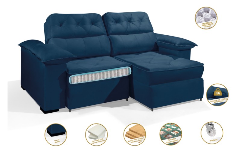 Sofá Retrátil Reclinável DOA 2.20m ESTILO ESTOFADOS - França Velusoft COR "AZUL"