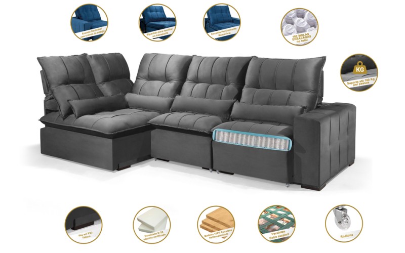 Sofá Retrátil Reclinável ELLOA DE CANTO COM CHAISE 3.25 x 1.80m ESTILO ESTOFADOS - Inca Velusoft COR "CINZA" Sofá Retrátil Reclinável ELLOA DE CANTO COM CHAISE 3.25 x 1.80m ESTILO ESTOFADOS - Inca Velusoft COR "CINZA"