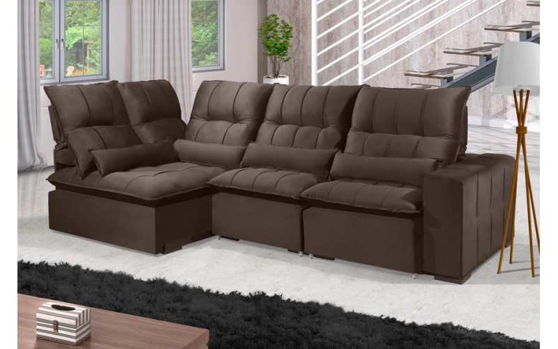 Sofá Retrátil Reclinável ELLOA DE CANTO COM CHAISE 3.05 x 1.80m ESTILO ESTOFADOS - Inca Velusoft COR "MARROM" Sofá Retrátil Reclinável ELLOA DE CANTO COM CHAISE 3.05 x 1.80m ESTILO ESTOFADOS - Inca Velusoft COR "MARROM"