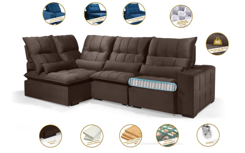 Sofá Retrátil Reclinável ELLOA DE CANTO COM CHAISE 3.05 x 1.80m ESTILO ESTOFADOS - Inca Velusoft COR "MARROM" Sofá Retrátil Reclinável ELLOA DE CANTO COM CHAISE 3.05 x 1.80m ESTILO ESTOFADOS - Inca Velusoft COR "MARROM"