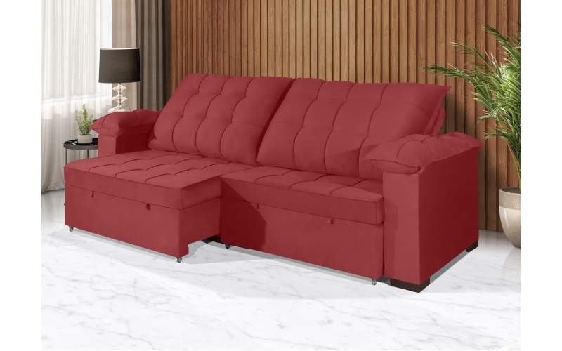 Sofá Retrátil e Reclinável 2,10m Canadá ESTILO ESTOFADOS - Sude Veludo cor "Vermelho"