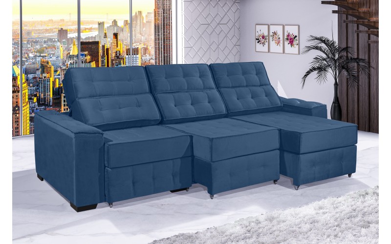 Sofá Retrátil e Reclinável 3,80m ESTILO ESTOFADOS - PARIS 3 módulos com Velusoft D33 "Azul" Sofá Retrátil e Reclinável 3,80m ESTILO ESTOFADOS - PARIS 3 módulos com Velusoft D33 "Azul"