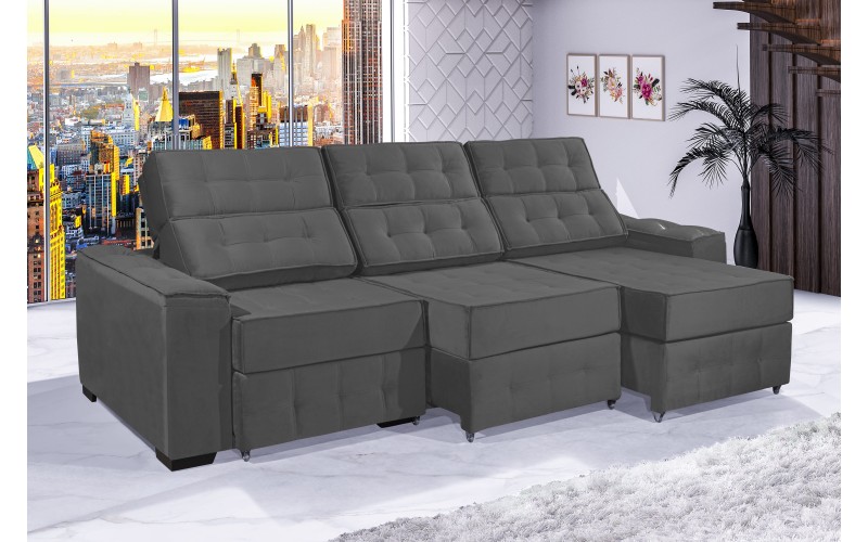 Sofá Retrátil e Reclinável 3,20m ESTILO ESTOFADOS - PARIS 3 módulos com Velusoft D33 "CINZA"